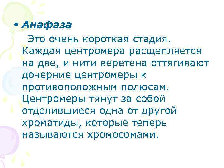  • Анафаза Это очень короткая стадия. Каждая центромера расщепляется на две, и нити