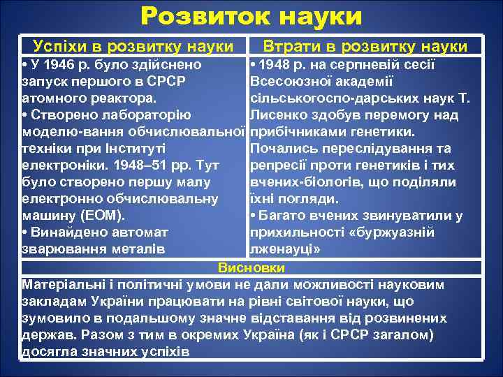 Розвиток науки Успіхи в розвитку науки Втрати в розвитку науки • У 1946 р.