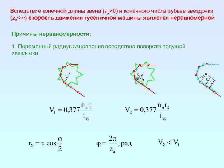 Вследствие конечной длины звена (lзв>0) и конечного числа зубьев звездочки (zа<∞) скорость движения гусеничной