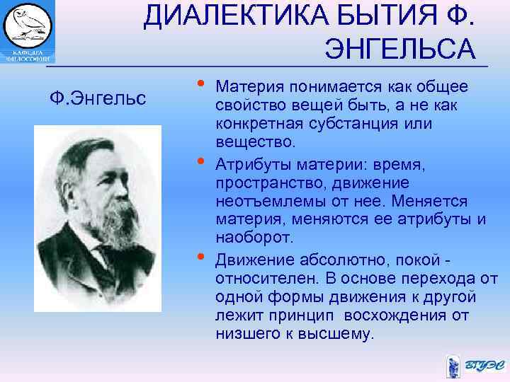 ДИАЛЕКТИКА БЫТИЯ Ф. ЭНГЕЛЬСА Ф. Энгельс • • • Материя понимается как общее свойство