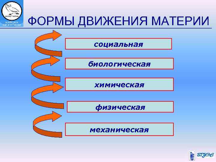 ФОРМЫ ДВИЖЕНИЯ МАТЕРИИ социальная биологическая химическая физическая механическая 
