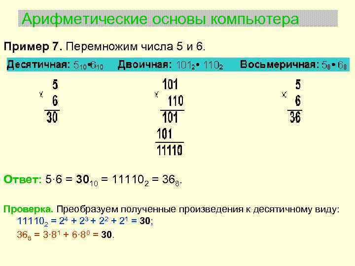 Арифметические основы компьютера Пример 7. Перемножим числа 5 и 6. Ответ: 5· 6 =