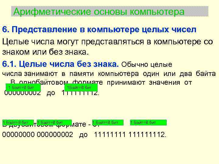 Арифметические основы компьютера 6. Представление в компьютере целых чисел Целые числа могут представляться в