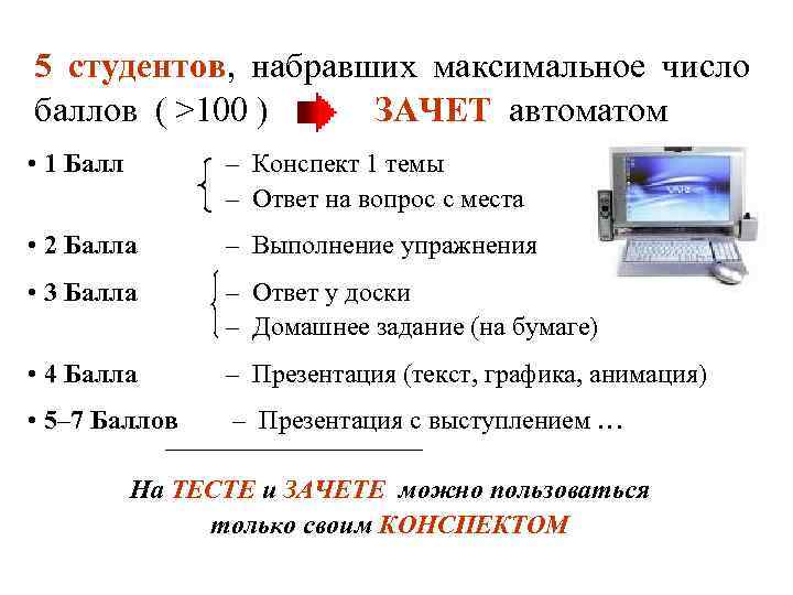 5 студентов, набравших максимальное число баллов ( >100 ) ЗАЧЕТ автоматом • 1 Балл