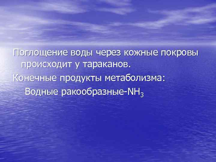 Поглощение воды через кожные покровы происходит у тараканов. Конечные продукты метаболизма: Водные ракообразные-NH 3