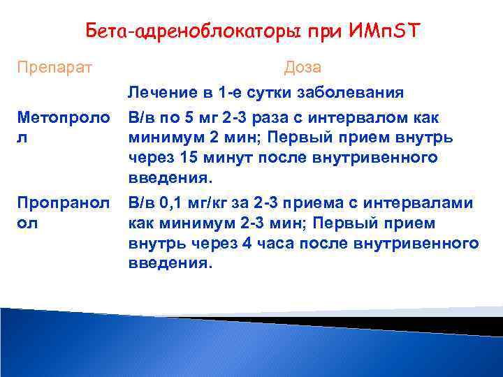 Бета-адреноблокаторы при ИМп. ST Препарат Метопроло л Пропрaнол ол Доза Лечение в 1 -е