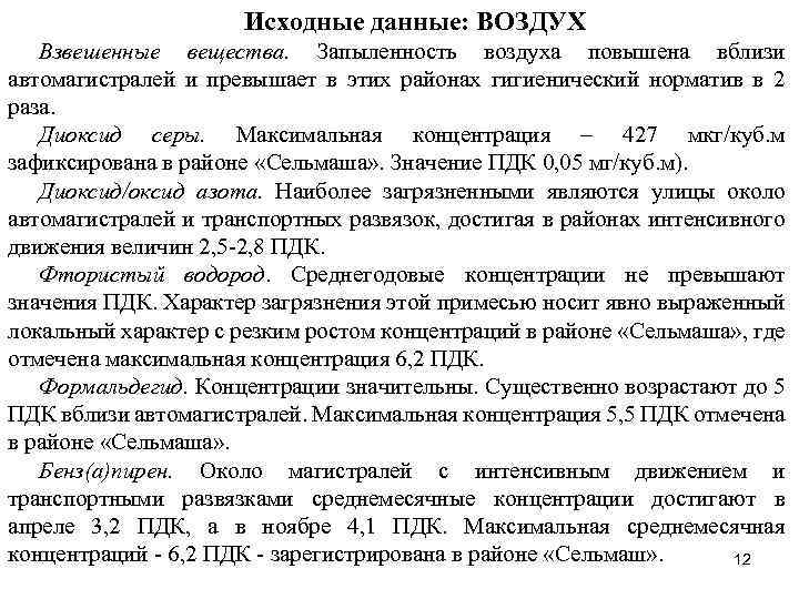 Исходные данные: ВОЗДУХ Взвешенные вещества. Запыленность воздуха повышена вблизи автомагистралей и превышает в этих