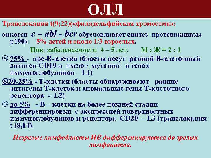 ОЛЛ Транслокация t(9; 22)( «филaдельфийская хромосома» : онкоген с – abl - bcr обусловливает