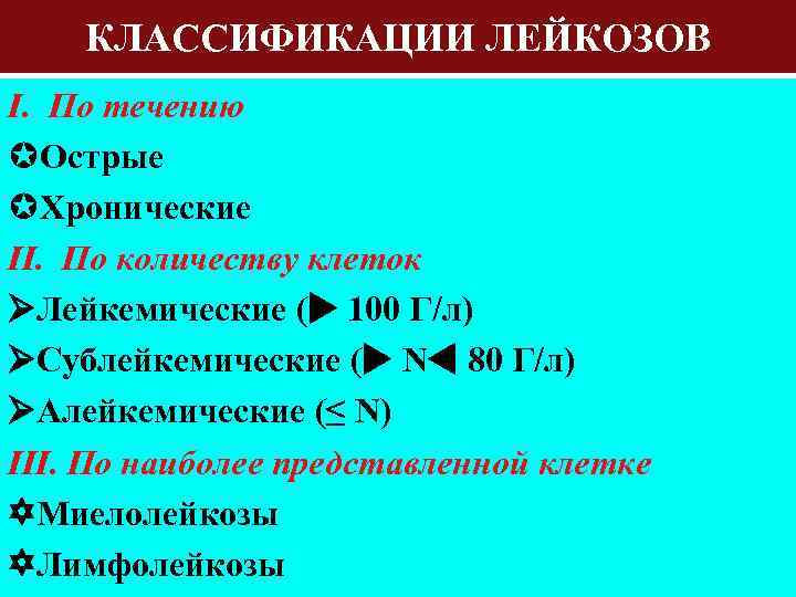 КЛАССИФИКАЦИИ ЛЕЙКОЗОВ I. По течению µОстрые µХронические II. По количеству клеток Лейкемические ( 100