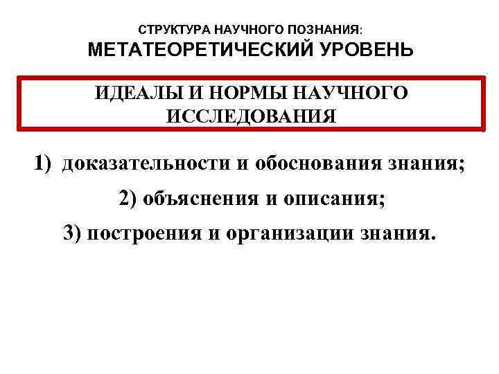 СТРУКТУРА НАУЧНОГО ПОЗНАНИЯ: МЕТАТЕОРЕТИЧЕСКИЙ УРОВЕНЬ ИДЕАЛЫ И НОРМЫ НАУЧНОГО ИССЛЕДОВАНИЯ 1) доказательности и обоснования