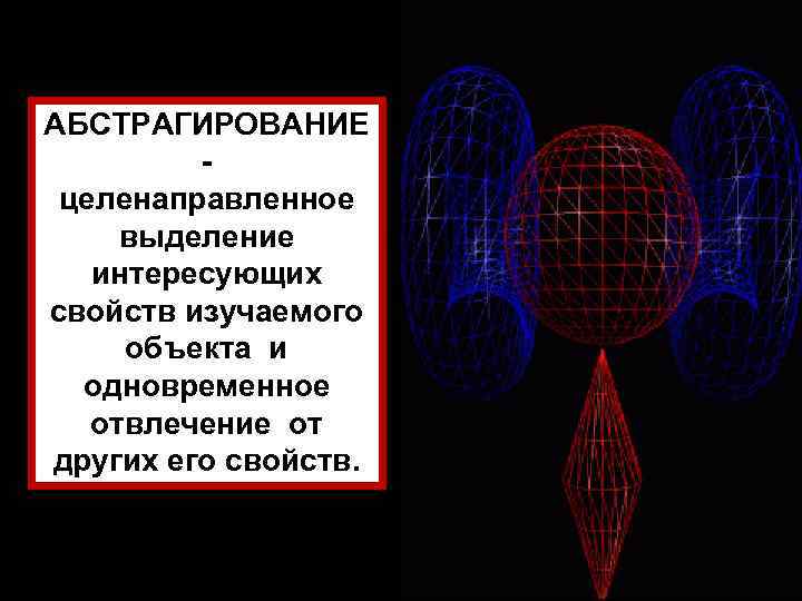 АБСТРАГИРОВАНИЕ целенаправленное выделение интересующих свойств изучаемого объекта и одновременное отвлечение от других его свойств.