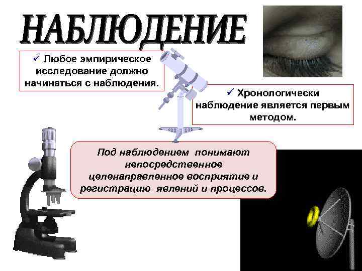 ü Любое эмпирическое исследование должно начинаться с наблюдения. ü Хронологически наблюдение является первым методом.