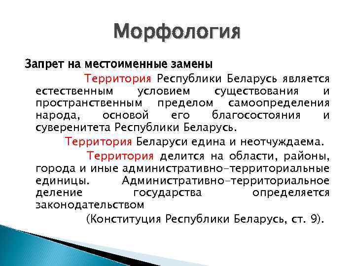 Морфология Запрет на местоименные замены Территория Республики Беларусь является естественным условием существования и пространственным