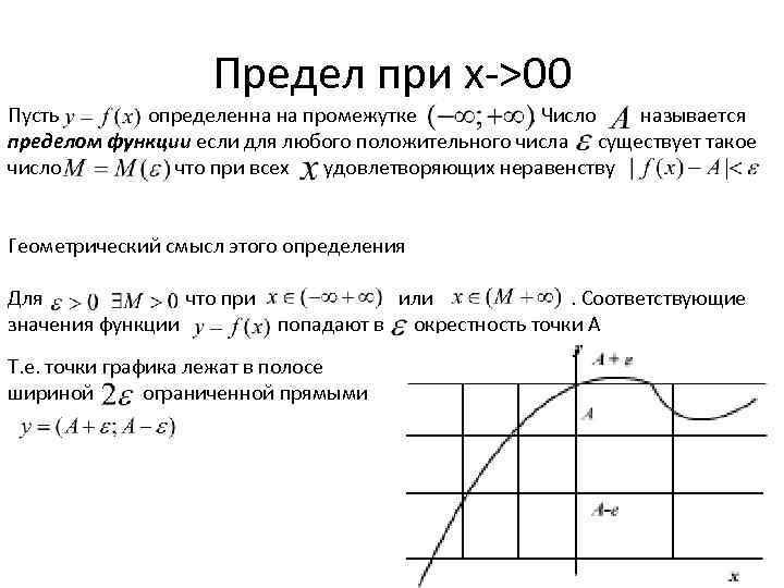  Предел при x->00 Пусть определенна на промежутке . Число называется пределом функции если