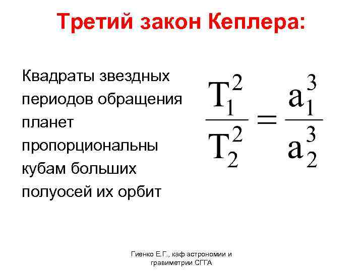 Третий закон Кеплера: Квадраты звездных периодов обращения планет пропорциональны кубам больших полуосей их орбит
