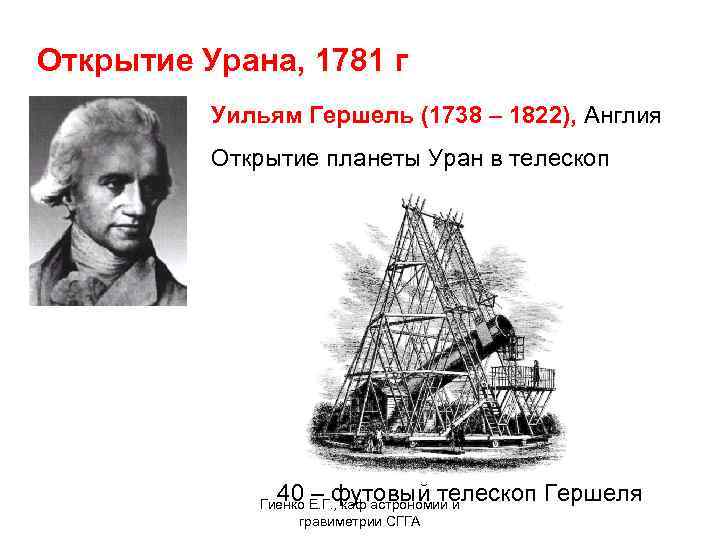 Открытие Урана, 1781 г Уильям Гершель (1738 – 1822), Англия Открытие планеты Уран в