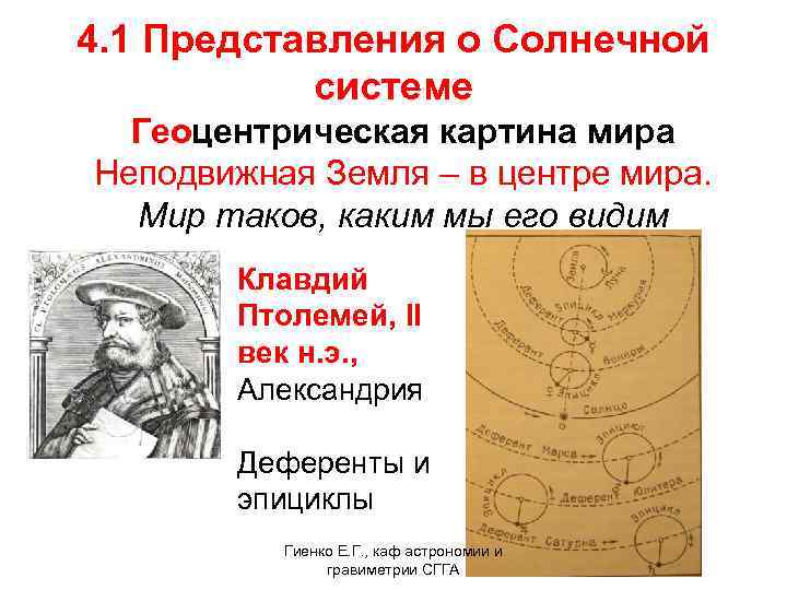 4. 1 Представления о Солнечной системе Геоцентрическая картина мира Неподвижная Земля – в центре