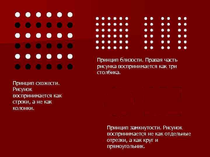 Принцип близости. Правая часть рисунка воспринимается как три столбика. Принцип схожести. Рисунок воспринимается как