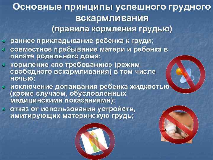 Основные принципы успешного грудного вскармливания (правила кормления грудью) раннее прикладывание ребенка к груди; совместное