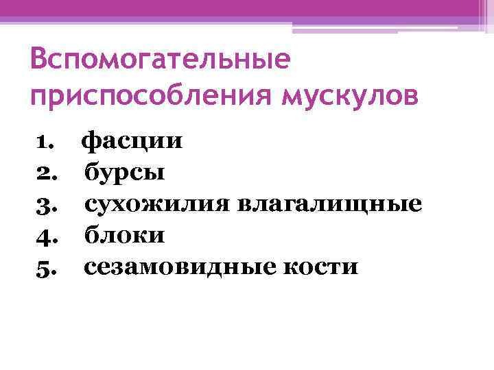 Вспомогательные приспособления мускулов 1. фасции 2. бурсы 3. сухожилия влагалищные 4. блоки 5. сезамовидные