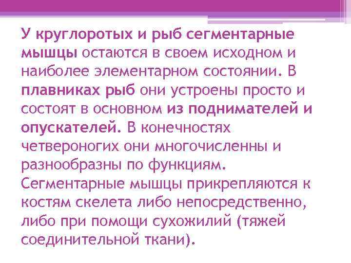 У круглоротых и рыб сегментарные мышцы остаются в своем исходном и наиболее элементарном состоянии.