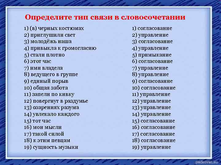 Определите тип связи в словосочетании 1) (в) черных костюмах 2) приглушили свет 3) молодёжь