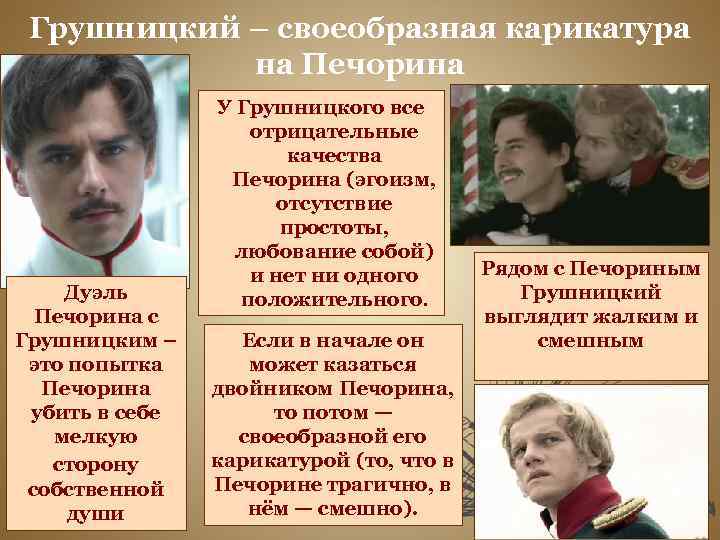 Грушницкий – своеобразная карикатура на Печорина Дуэль Печорина с Грушницким – это попытка Печорина