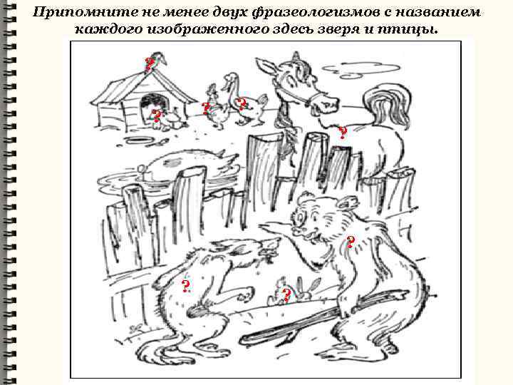 Припомните не менее двух фразеологизмов с названием каждого изображенного здесь зверя и птицы. ?