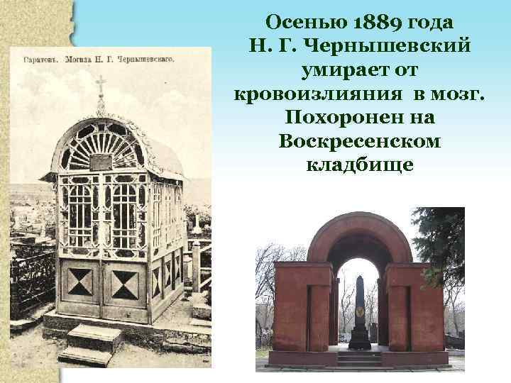 Осенью 1889 года Н. Г. Чернышевский умирает от кровоизлияния в мозг. Похоронен на Воскресенском