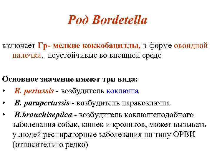 Род Bordetella включает Гр- мелкие коккобациллы, в форме овоидной палочки, неустойчивые во внешней среде