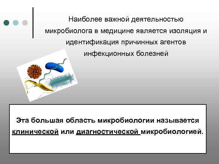 Наиболее важной деятельностью микробиолога в медицине является изоляция и идентификация причинных агентов инфекционных болезней