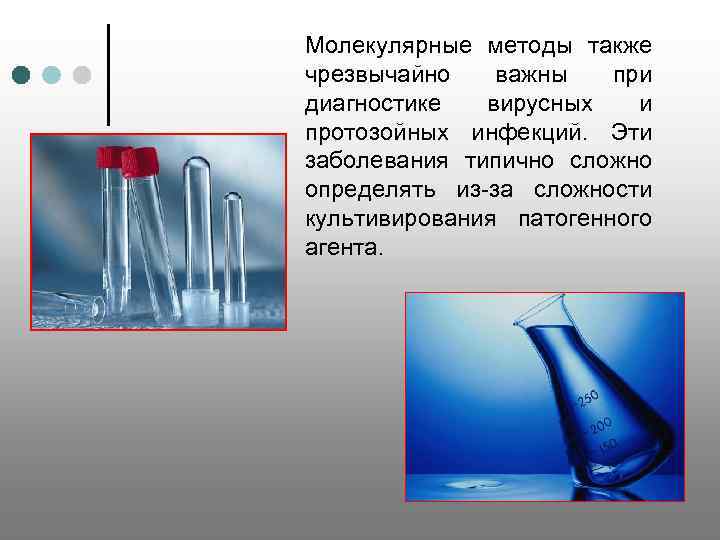 Молекулярные методы также чрезвычайно важны при диагностике вирусных и протозойных инфекций. Эти заболевания типично