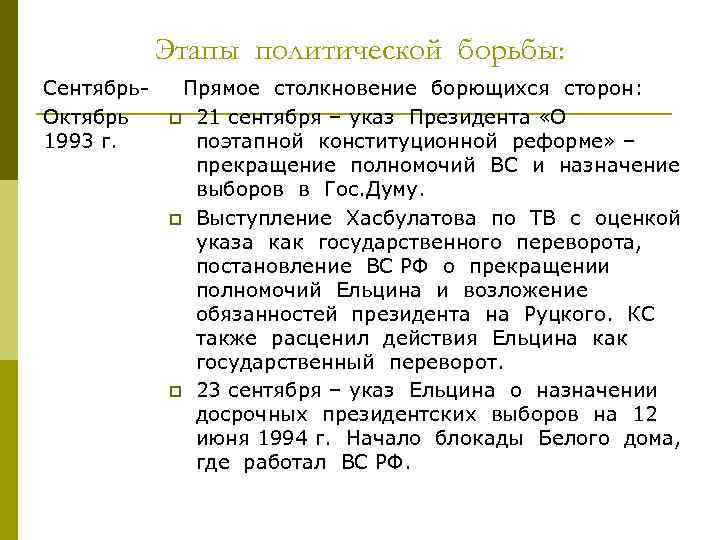 Этапы политической борьбы: Сентябрь. Октябрь 1993 г. Прямое столкновение борющихся сторон: p 21 сентября