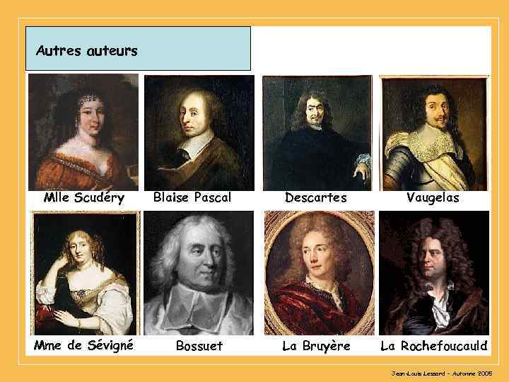 Autres auteurs Mlle Scudéry Blaise Pascal Descartes Vaugelas Mme de Sévigné Bossuet La Bruyère