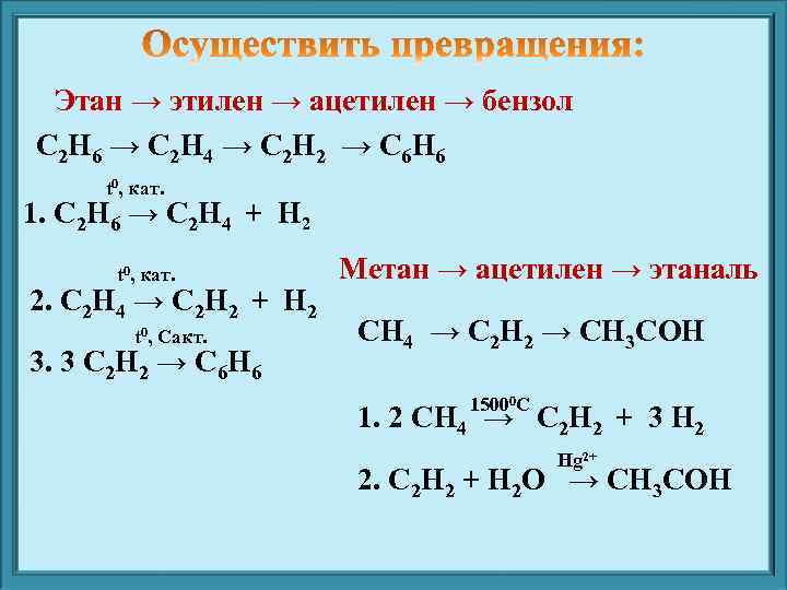 Этан → этилен → ацетилен → бензол С 2 Н 6 → С 2