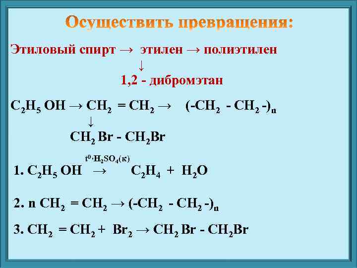 Этиловый спирт → этилен → полиэтилен ↓ 1, 2 - дибромэтан С 2 Н