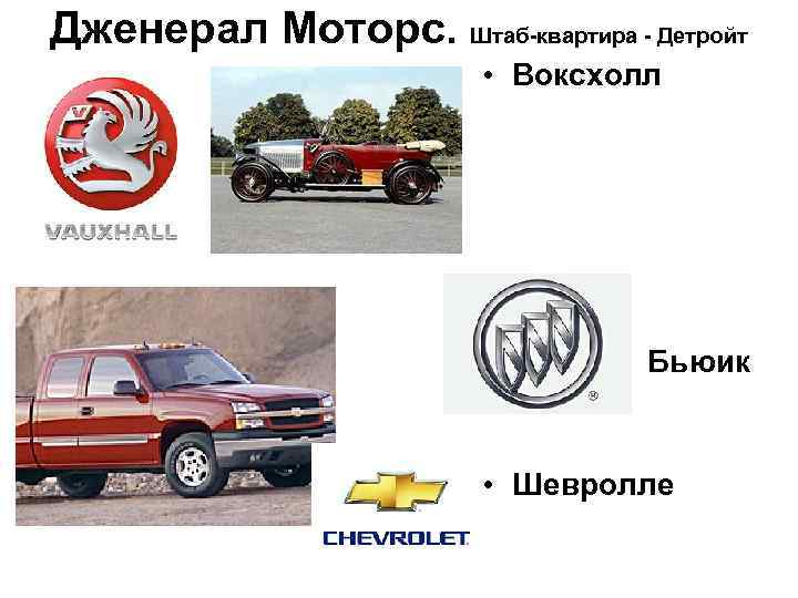 Дженерал Моторс. Штаб квартира Детройт • Воксхолл • Бьюик • Шевролле Дженерал Моторс. Штаб квартира Детройт • Воксхолл • Бьюик • Шевролле