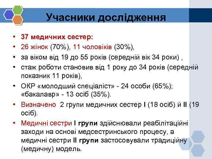 Учасники дослідження • • 37 медичних сестер: 26 жінок (70%), 11 чоловіків (30%), за