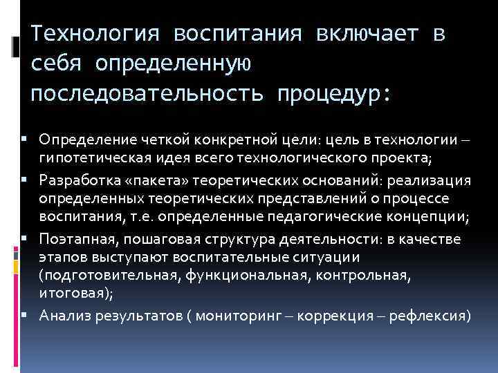 Технология воспитания включает в себя определенную последовательность процедур: Определение четкой конкретной цели: цель в
