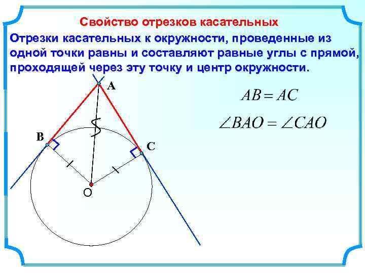 Свойство отрезков касательных Отрезки касательных к окружности, проведенные из одной точки равны и составляют