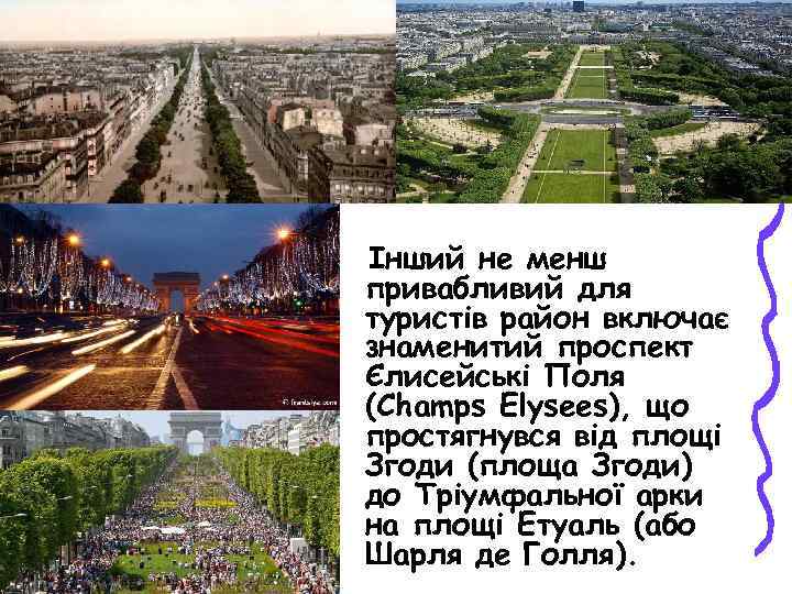 Інший не менш привабливий для туристів район включає знаменитий проспект Єлисейські Поля (Champs Elysees),