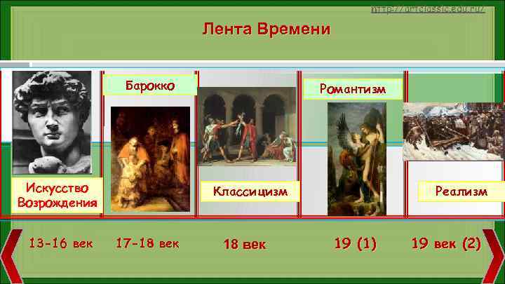 http: //artclassic. edu. ru/ Лента Времени Барокко Искусство Возрождения 13 -16 век Романтизм Классицизм