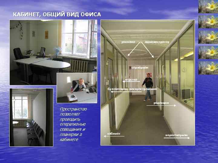 КАБИНЕТ, ОБЩИЙ ВИД ОФИСА реклама администратор серверная верстка бухгалтерия, распространение редакция Пространство позволяет проводить