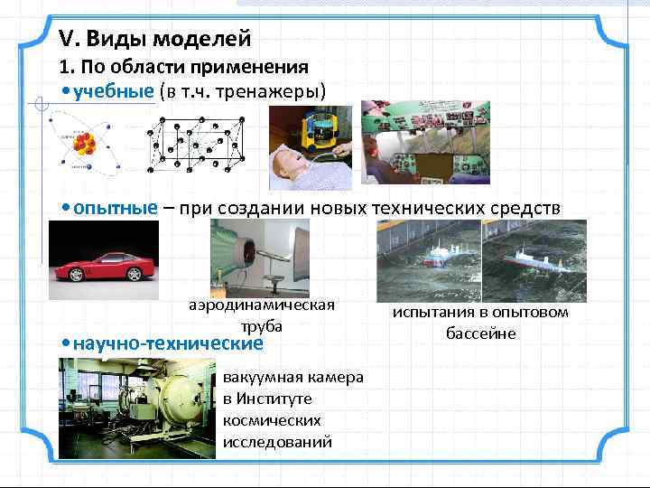 V. Виды моделей 1. По области применения • учебные (в т. ч. тренажеры) •