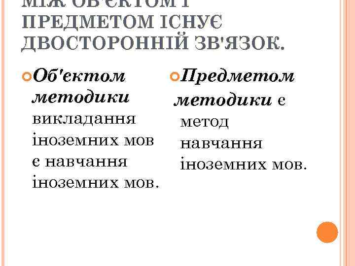 МІЖ ОБ'ЄКТОМ І ПРЕДМЕТОМ ІСНУЄ ДВОСТОРОННІЙ ЗВ'ЯЗОК. Об'єктом Предметом методики є викладання метод іноземних