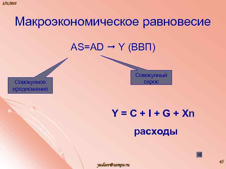 1/31/2018 Макроэкономическое равновесие AS=AD Y (ВВП) Совокупный спрос Совокупное предложение Y = C +