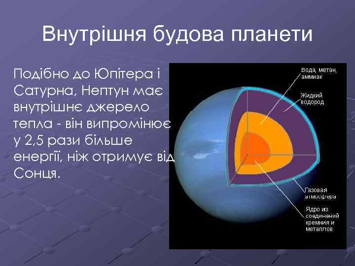 Внутрішня будова планети Подібно до Юпітера і Сатурна, Нептун має внутрішнє джерело тепла -