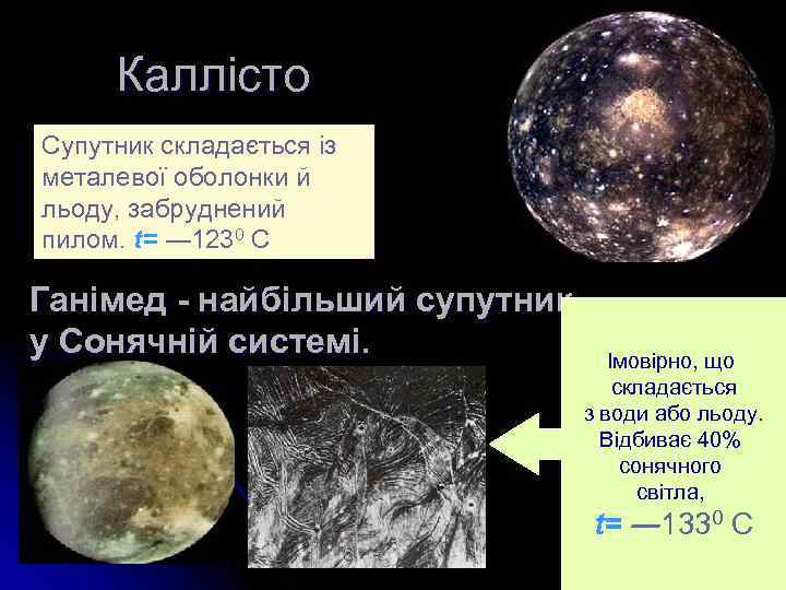 Каллісто Супутник складається із металевої оболонки й льоду, забруднений пилом. t= ― 1230 C