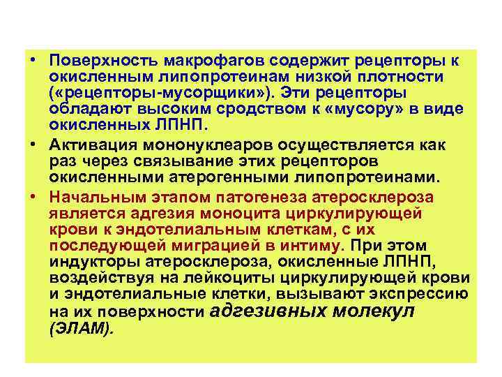  • Поверхность макрофагов содержит рецепторы к окисленным липопротеинам низкой плотности ( «рецепторы-мусорщики» ).