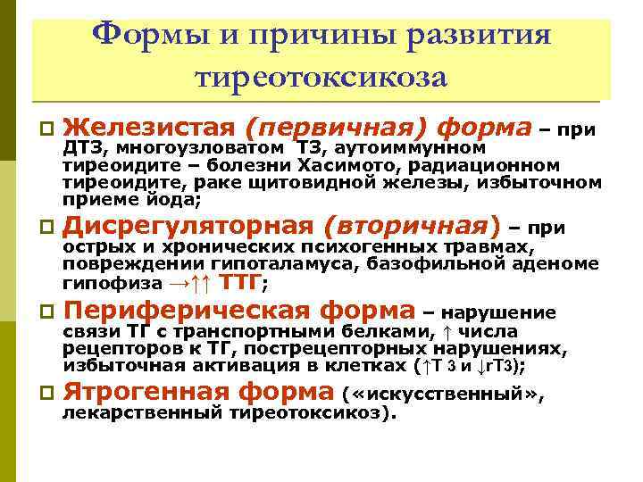 Формы и причины развития тиреотоксикоза p Железистая (первичная) форма – при p Дисрегуляторная (вторичная)